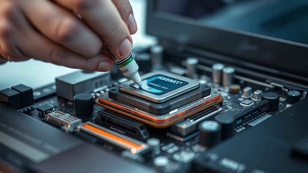 노트북 메인보드 CPU 위에 써멀 구리스를 적정량 도포하고 있는 정밀한 작업 모습