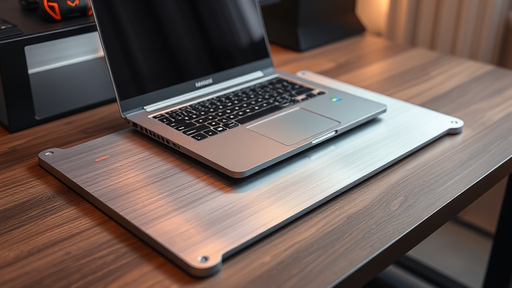 책상 위에 설치된 알루미늄 재질의 쿨링 패드 위에 고성능 게이밍 노트북이 안정적으로 거치된 상태